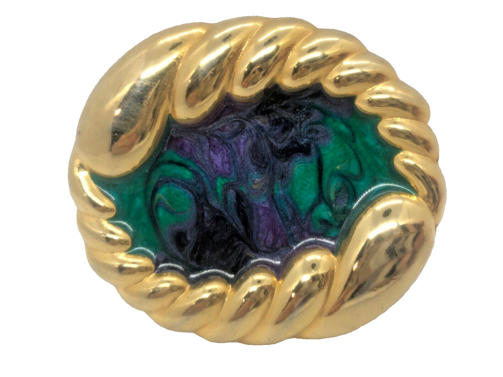 Nan Lewis Belt Buckle Green Purple Enamel Gold-Tone Vintage 3" x 2.5"